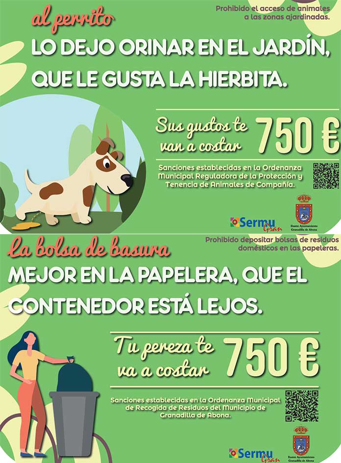 carteles informativos sobre las sanciones por la utilización de las papeleras como contenedores y la orina de mascotas en zonas de hierba