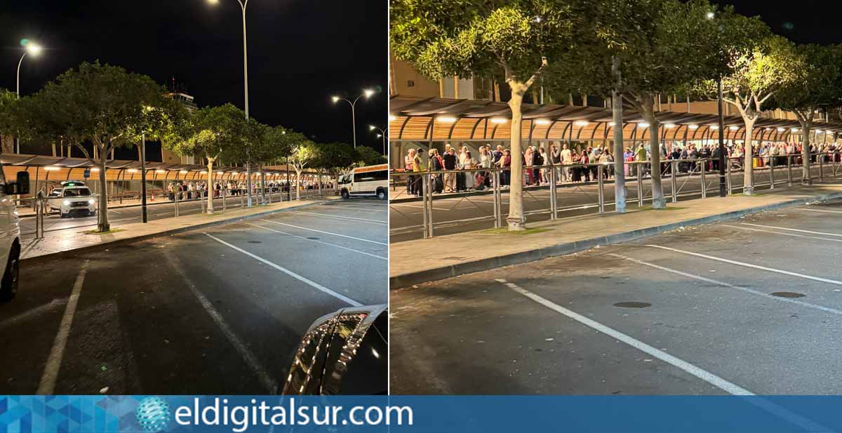 Aeropuerto Internacional de Tenerife Sur. Colas de personas esperando taxis.